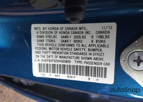 2013 Honda Civic Ex-L z USA, uszkodzony, nr VIN 2HGFB2F92DH503859